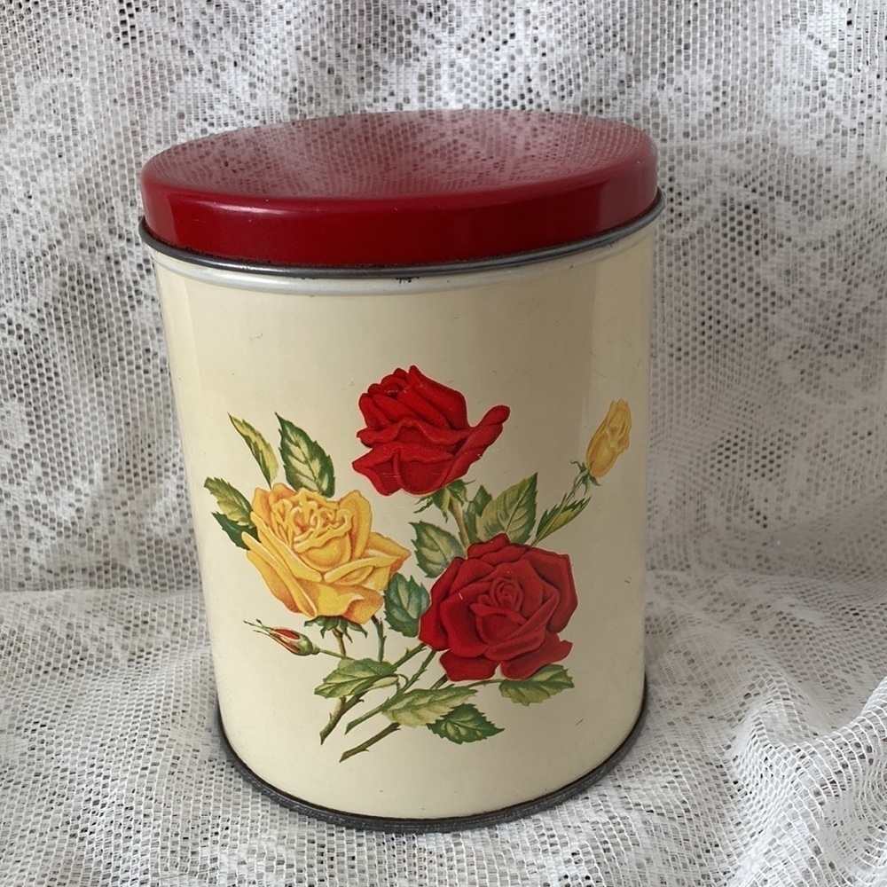 Vintage Canister Set 50’s Kitchen Canister Set of 4 Yellow and Red Rose. - Picture 8 of 16